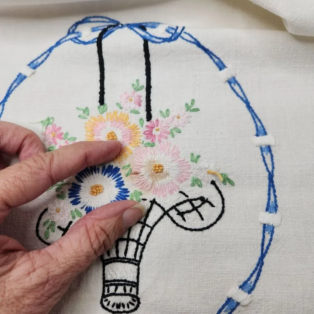 Embroidered Table Runner Dresser‎ Scarf Baskets Flowers 17in x 38in Stains